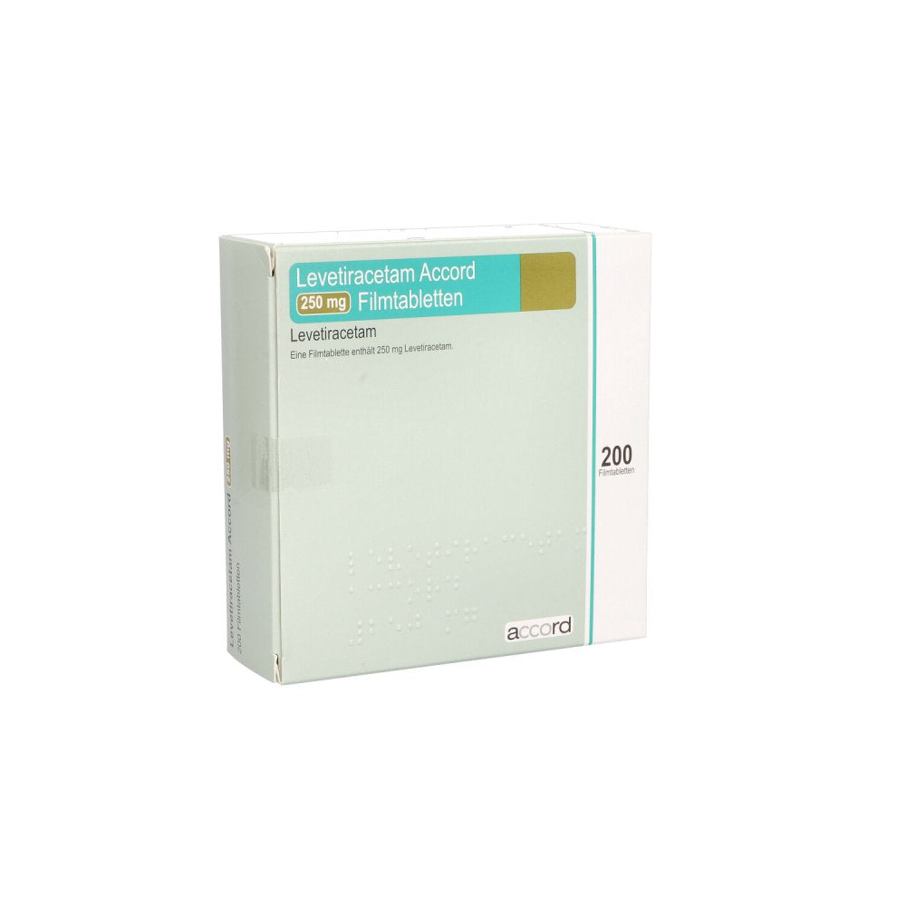 Das Produktfoto zeigt Levetiracetam Accord 250 Mg Filmtabletten (200 stk) PZN 11178770