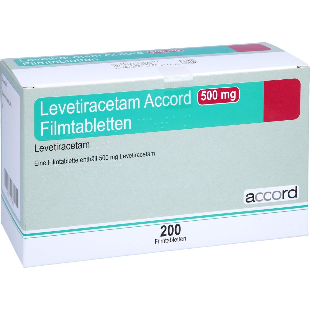 Das Produktfoto zeigt Levetiracetam Accord 500 Mg Filmtabletten (200 stk) PZN 11178801