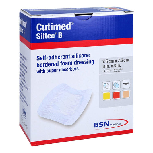 Das Produktfoto zeigt Cutimed Siltec B Schaumverb.7,5x7,5 Cm M.Haftr. (10 stk) PZN 11184204