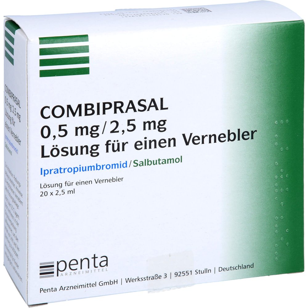 Das Produktfoto zeigt Combiprasal 0,5 Mg/2,5 Mg Lösung F.E.Vernebler (20X2.5 ml) PZN 11184925