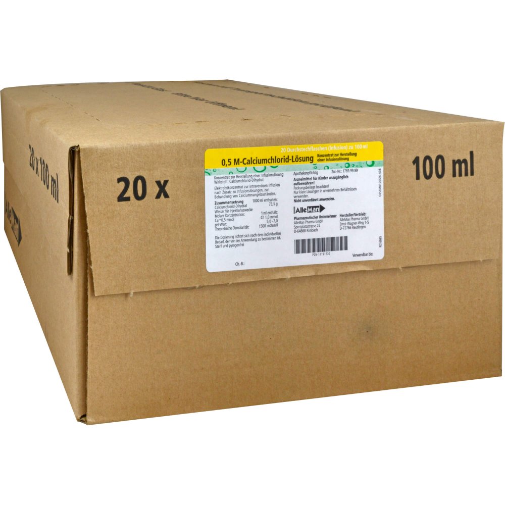 Das Produktfoto zeigt 0,5 M-Calciumchlorid-Lösung Deltamedica Inf.-L.-K. (20X100 ml) PZN 11191730