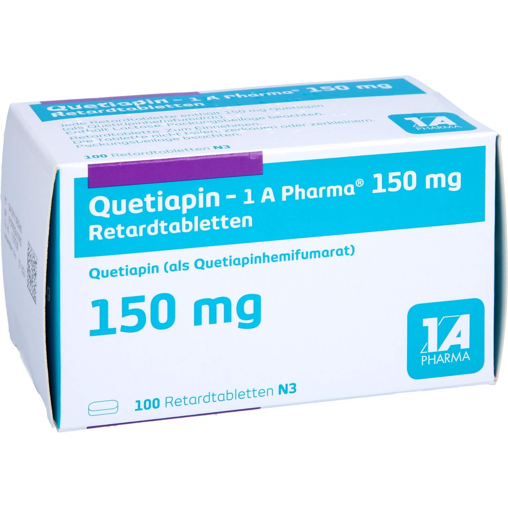 Das Produktfoto zeigt Quetiapin-1a Pharma 150 Mg Retardtabletten (100 stk) PZN 11192066