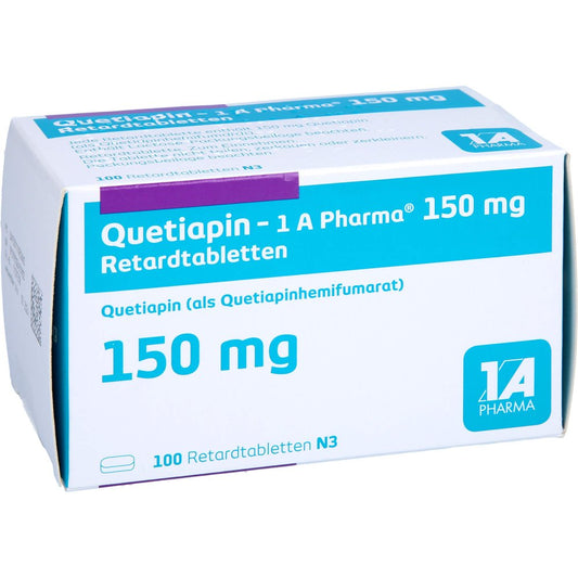 Das Produktfoto zeigt Quetiapin-1a Pharma 150 Mg Retardtabletten (100 stk) PZN 11192066