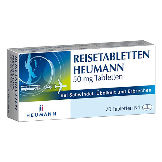 Das Produktfoto zeigt Reisetabletten Heumann 50 Mg Tabletten (20 stk) PZN 11192528