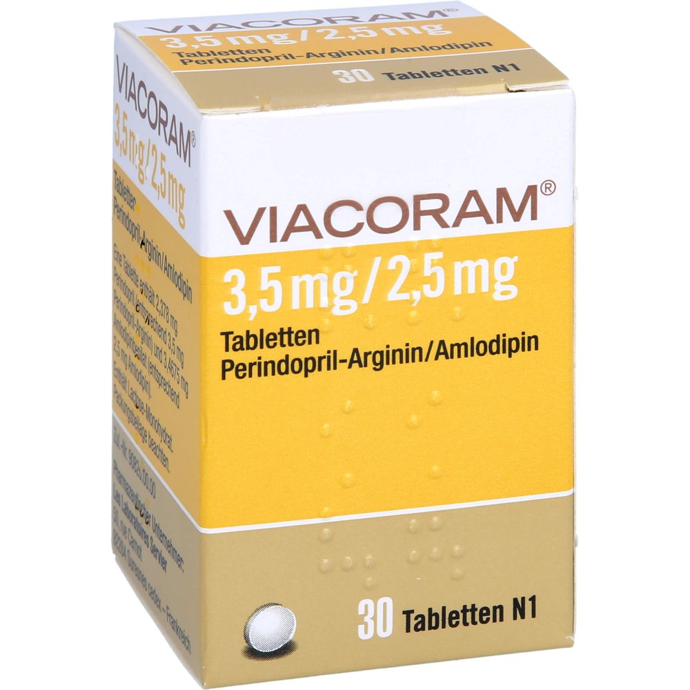 Das Produktfoto zeigt Viacoram 3,5 Mg/2,5 Mg Tabletten (30 stk) PZN 11194591