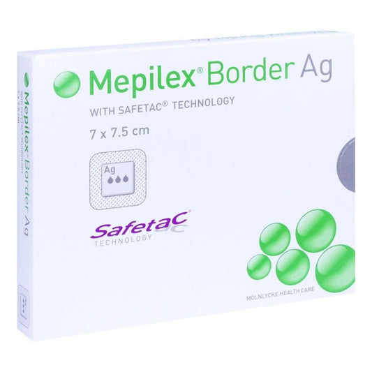 Das Produktfoto zeigt Mepilex Border Ag Schaumverb.7x7,5 Cm Steril (5 stk) PZN 11195219