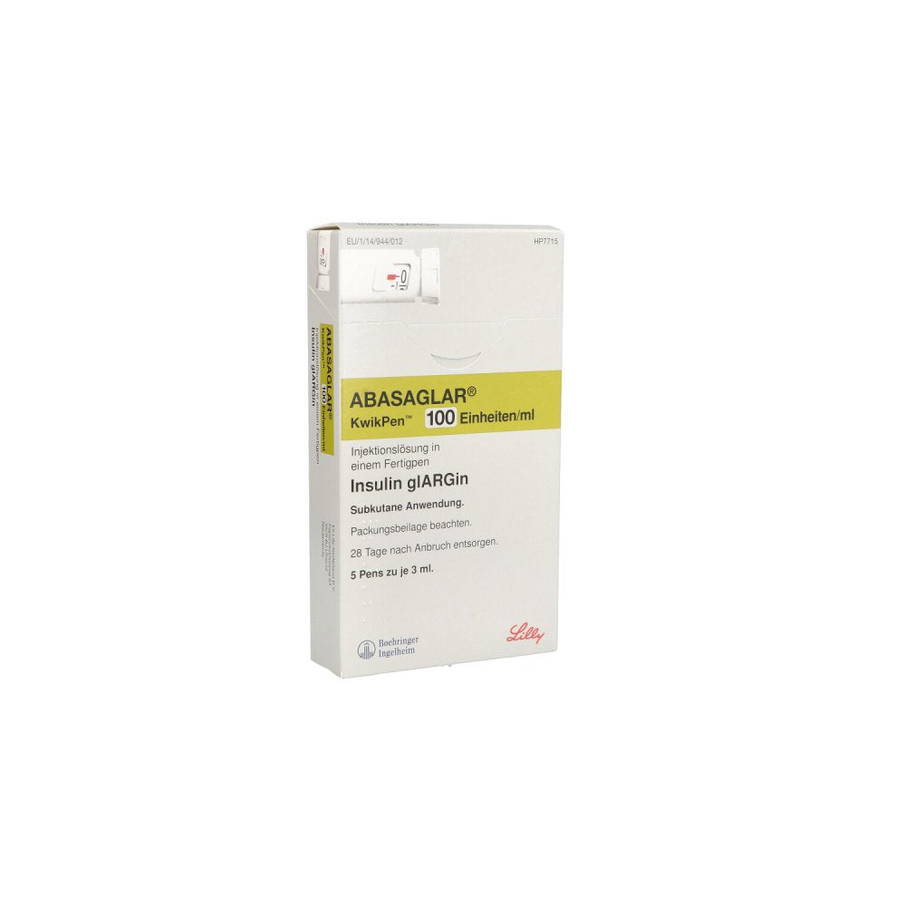 Das Produktfoto zeigt Abasaglar 100 E/Ml Injektionslösung Kwikpen (5X3 ml) PZN 11219150