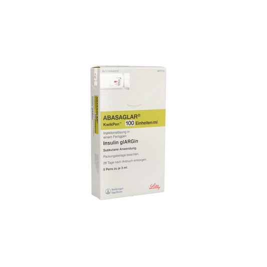 Das Produktfoto zeigt Abasaglar 100 E/Ml Injektionslösung Kwikpen (5X3 ml) PZN 11219150