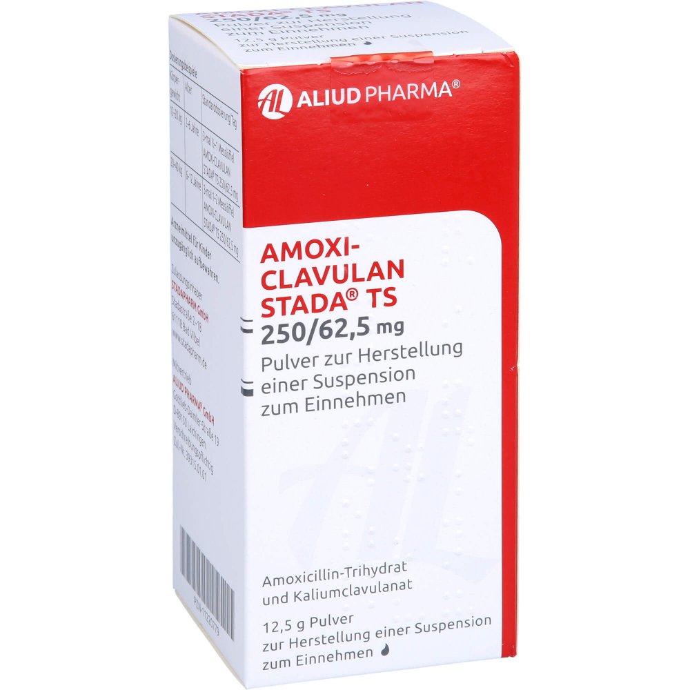 Das Produktfoto zeigt Amoxi-Clavulan Stada Ts 250/62,5mg P.Sus.H.Aliud (100 ml) PZN 11220779