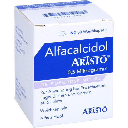 Das Produktfoto zeigt Alfacalcidol Aristo 0,5 Mikrogramm Weichkapseln (50 stk) PZN 11228367