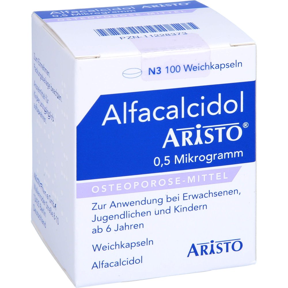 Das Produktfoto zeigt Alfacalcidol Aristo 0,5 Mikrogramm Weichkapseln (100 stk) PZN 11228373
