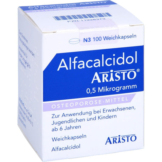 Das Produktfoto zeigt Alfacalcidol Aristo 0,5 Mikrogramm Weichkapseln (100 stk) PZN 11228373
