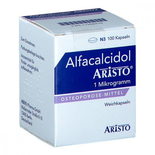 Das Produktfoto zeigt Alfacalcidol Aristo 1 Mikrogramm Weichkapseln (100 stk) PZN 11228410