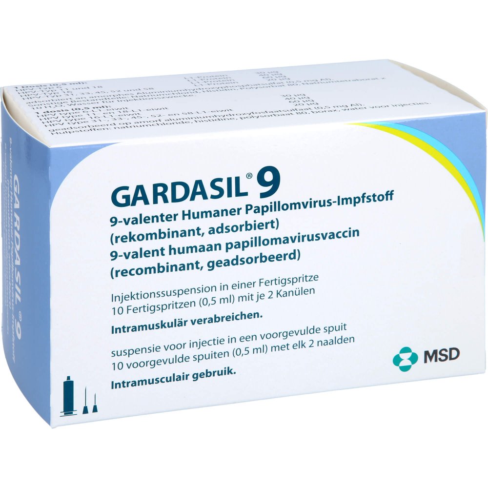 Das Produktfoto zeigt Gardasil 9 Inj.-Sus.I.E.Fertigspritze (10 stk) PZN 11228976