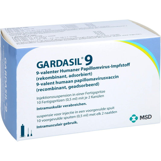 Das Produktfoto zeigt Gardasil 9 Inj.-Sus.I.E.Fertigspritze (10 stk) PZN 11228976