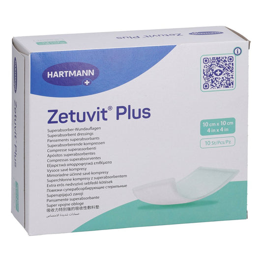 Das Produktfoto zeigt Zetuvit Plus Extrastarke Saugkompr.Steril 10x10 Cm (10 stk) PZN 11229958
