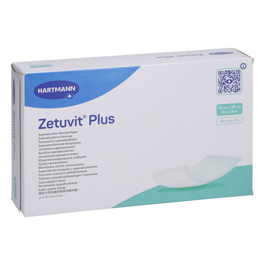 Das Produktfoto zeigt Zetuvit Plus Extrastarke Saugkompr.Steril 10x20 Cm (10 stk) PZN 11229970