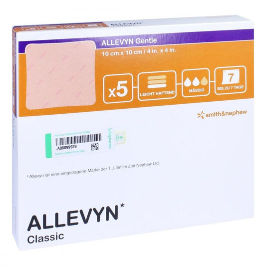 Das Produktfoto zeigt Allevyn Gentle 10x10 Cm Schaumverband (5 stk) PZN 11230223