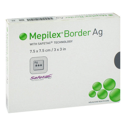 Das Produktfoto zeigt Mepilex Border Ag Schaumverb.7,5x7,5 Cm Steril (5 stk) PZN 11230341