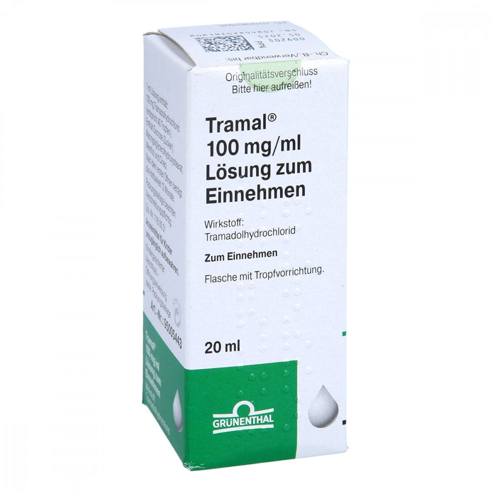 Das Produktfoto zeigt Tramal 100 Mg/Ml Lsg.Z.Einnehmen M.Tropfer (20 ml) PZN 11236119