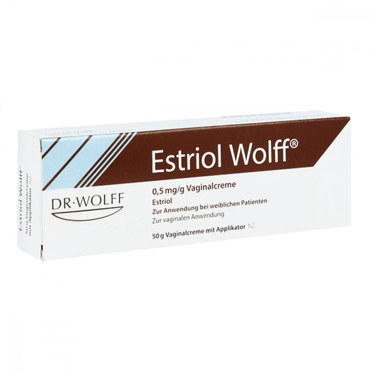 Das Produktfoto zeigt Estriol Wolff 0,5 Mg/G Vaginalcreme (50 g) PZN 11236272