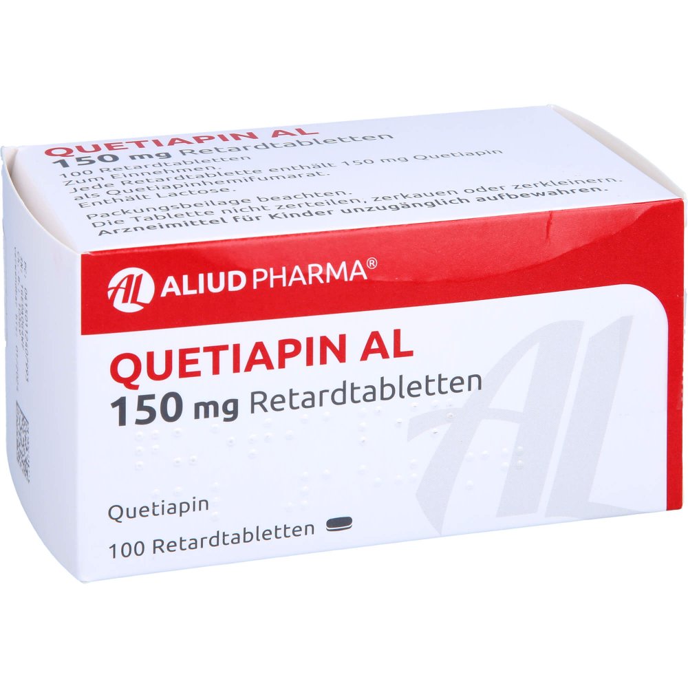 Das Produktfoto zeigt Quetiapin Al 150 Mg Retardtabletten (100 stk) PZN 11240799