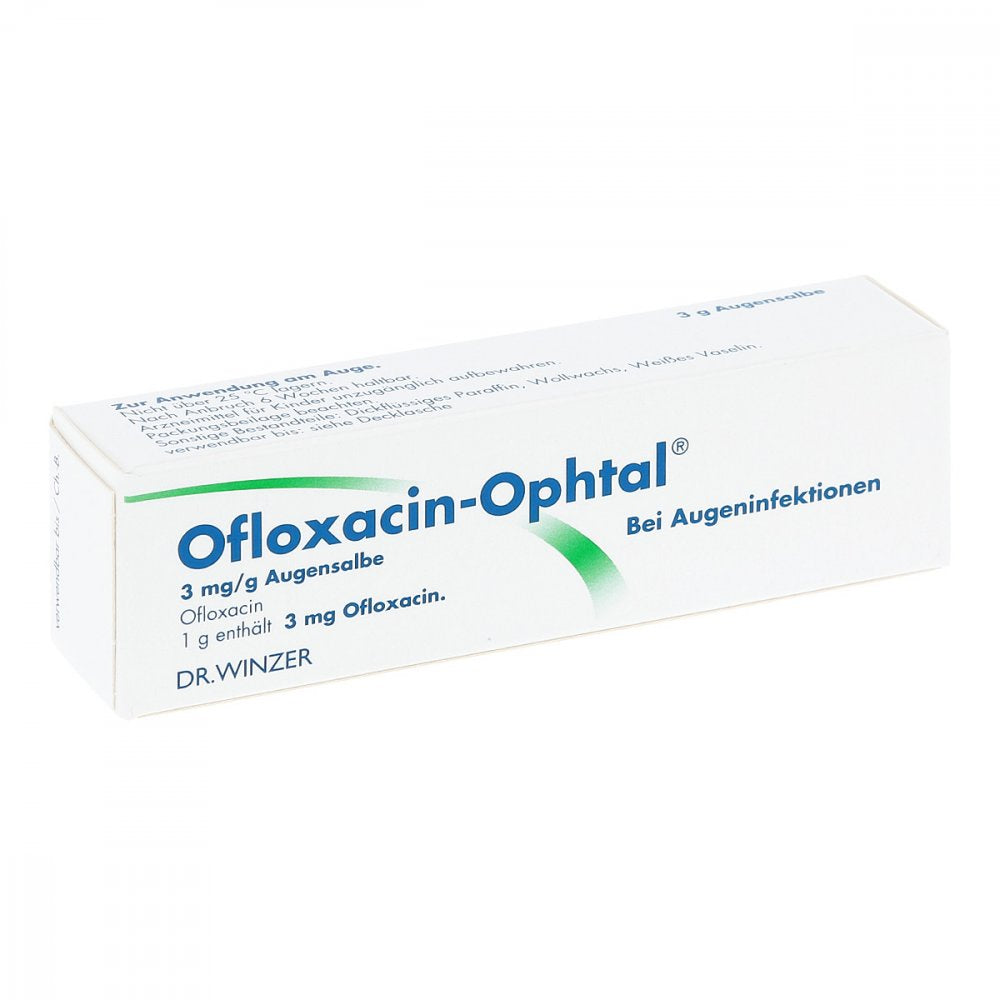 Das Produktfoto zeigt Ofloxacin-Ophtal 3 Mg/G Augensalbe (3 g) PZN 11240931