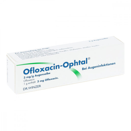 Das Produktfoto zeigt Ofloxacin-Ophtal 3 Mg/G Augensalbe (3 g) PZN 11240931