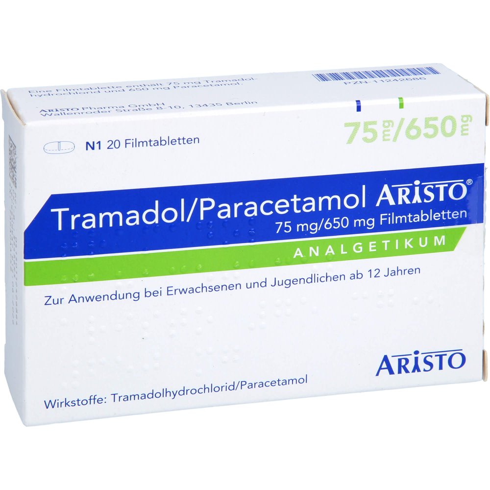 Das Produktfoto zeigt Tramadol/Paracetamol Aristo 75 Mg/650 Mg Filmtabl. (20 stk) PZN 11242686