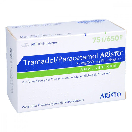 Das Produktfoto zeigt Tramadol/Paracetamol Aristo 75 Mg/650 Mg Filmtabl. (50 stk) PZN 11242717