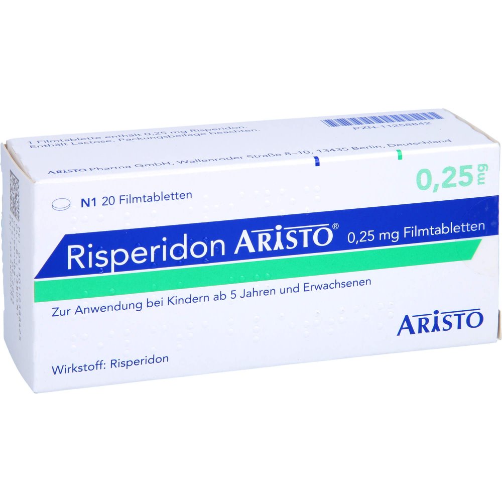 Das Produktfoto zeigt Risperidon Aristo 0,25 Mg Filmtabletten (20 stk) PZN 11258842