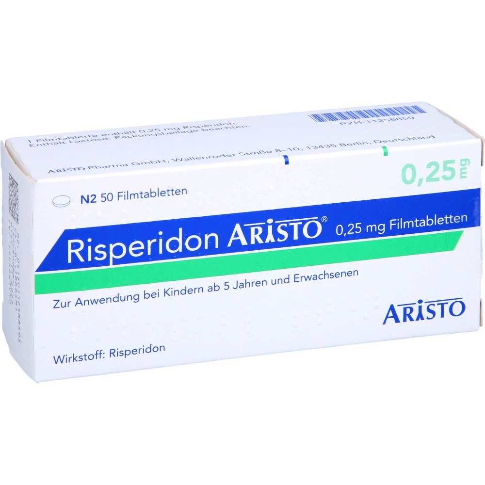 Das Produktfoto zeigt Risperidon Aristo 0,25 Mg Filmtabletten (50 stk) PZN 11258859