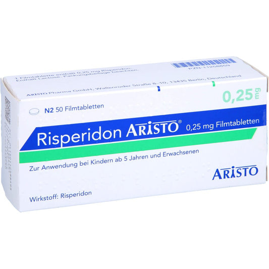 Das Produktfoto zeigt Risperidon Aristo 0,25 Mg Filmtabletten (50 stk) PZN 11258859