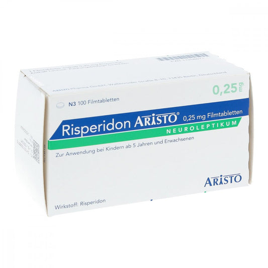 Das Produktfoto zeigt Risperidon Aristo 0,25 Mg Filmtabletten (100 stk) PZN 11258871
