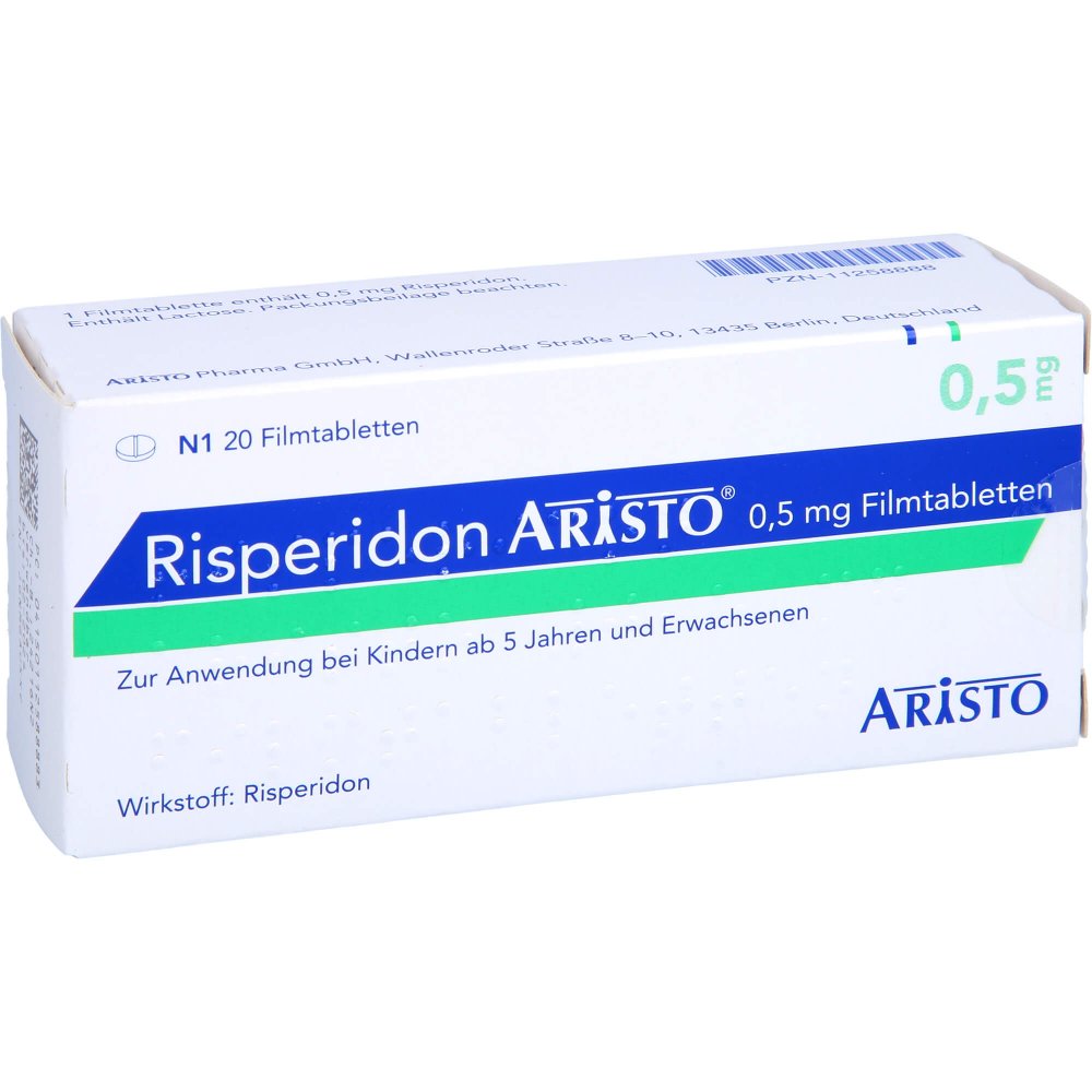 Das Produktfoto zeigt Risperidon Aristo 0,5 Mg Filmtabletten (20 stk) PZN 11258888