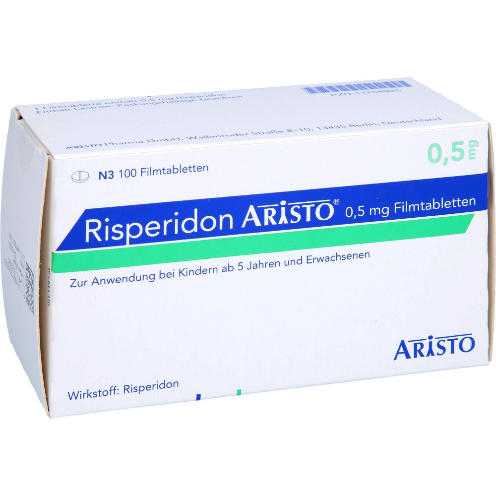 Das Produktfoto zeigt Risperidon Aristo 0,5 Mg Filmtabletten (100 stk) PZN 11258925