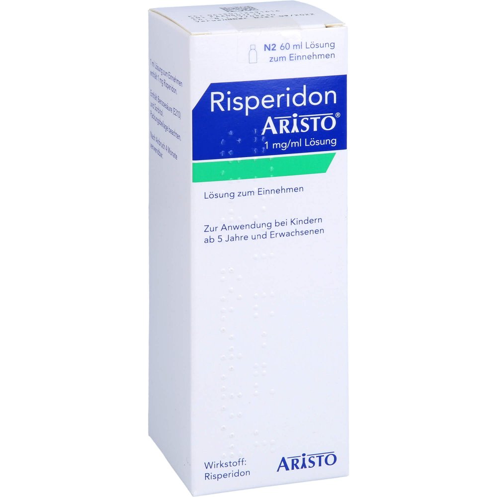 Das Produktfoto zeigt Risperidon Aristo 1 Mg/Ml Lösung Zum Einnehmen (60 ml) PZN 11259161
