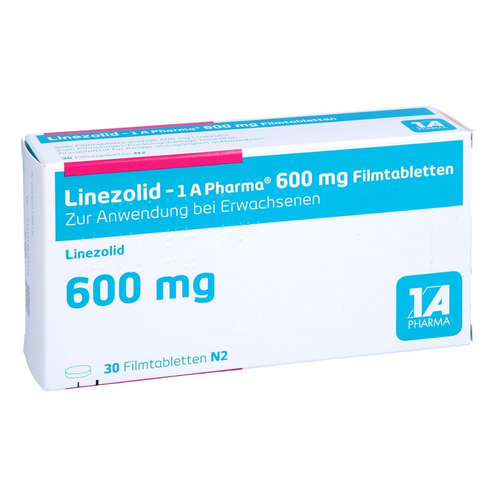 Das Produktfoto zeigt Linezolid-1a Pharma 600 Mg Filmtabletten (30 stk) PZN 11279873
