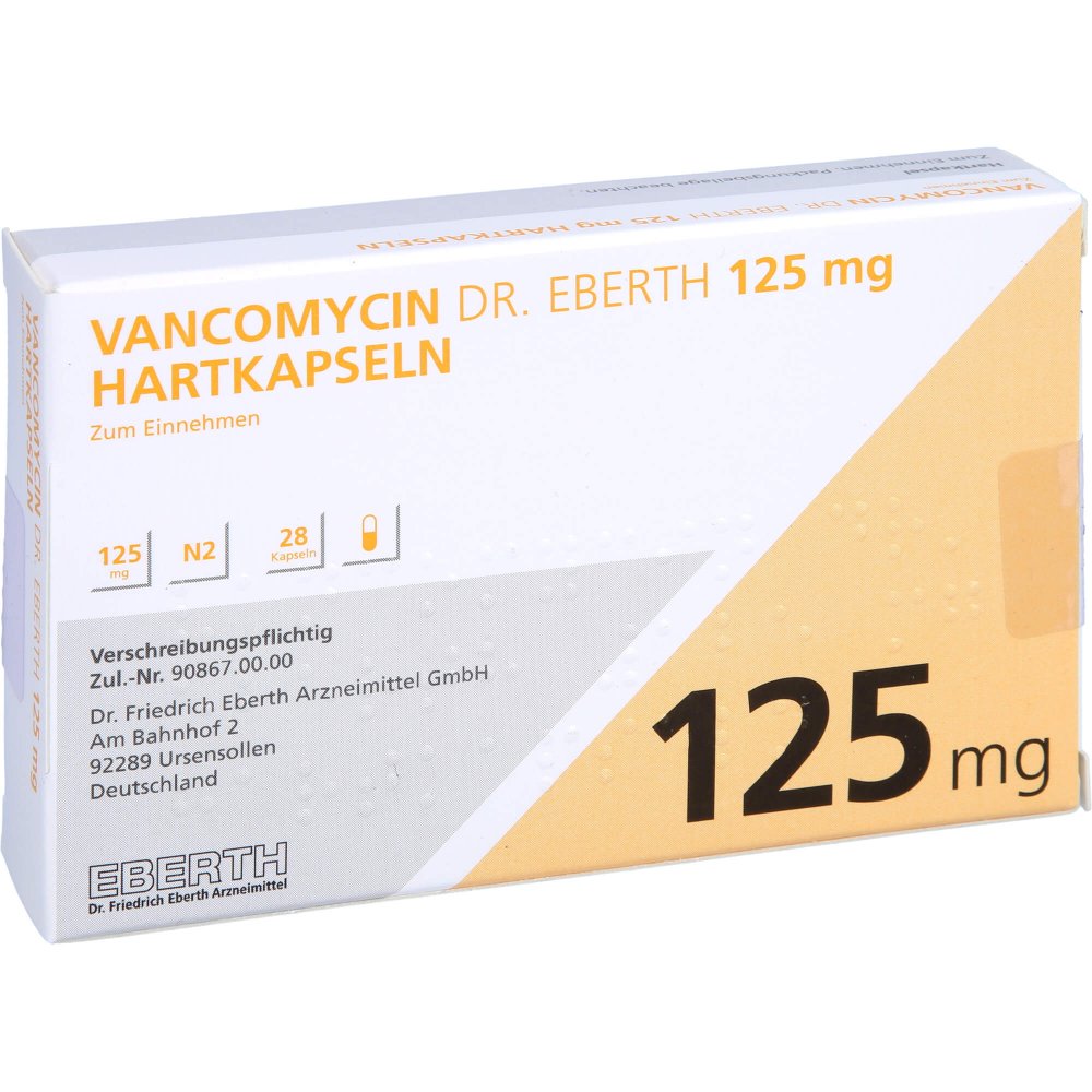 Das Produktfoto zeigt Vancomycin Dr.Eberth 125 Mg Hartkapseln (28 stk) PZN 11284058