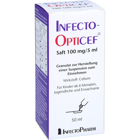 Das Produktfoto zeigt Infectoopticef Saft 100 Mg/5 Ml Gran.Z.Sus.-Herst. (50 ml) PZN 11285833