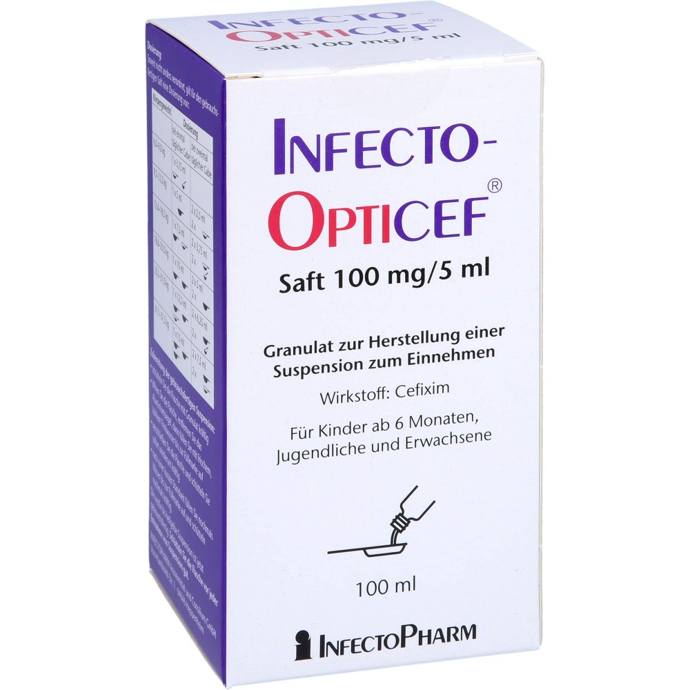 Das Produktfoto zeigt Infectoopticef Saft 100 Mg/5 Ml Gran.Z.Sus.-Herst. (2X50 ml) PZN 11285856