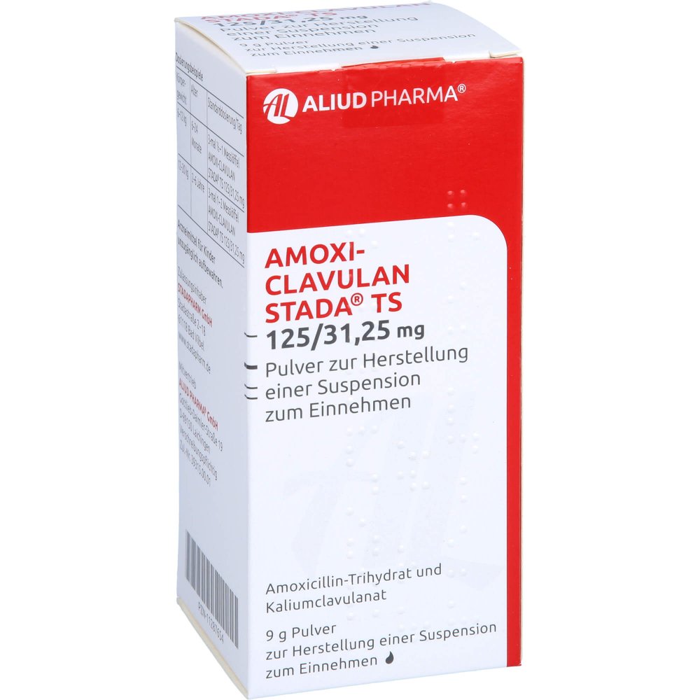 Das Produktfoto zeigt Amoxi-Clavulan Stada Ts 125/31,25mg P.Sus.H.Aliud (100 ml) PZN 11287654