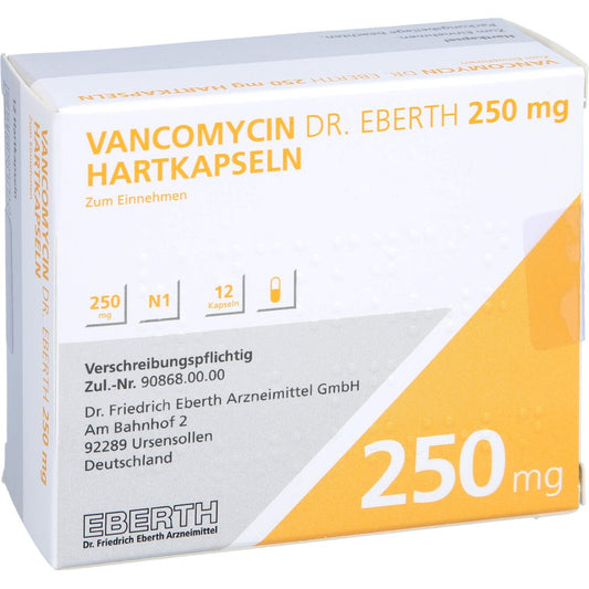 Das Produktfoto zeigt Vancomycin Dr.Eberth 250 Mg Hartkapseln (12 stk) PZN 11293778