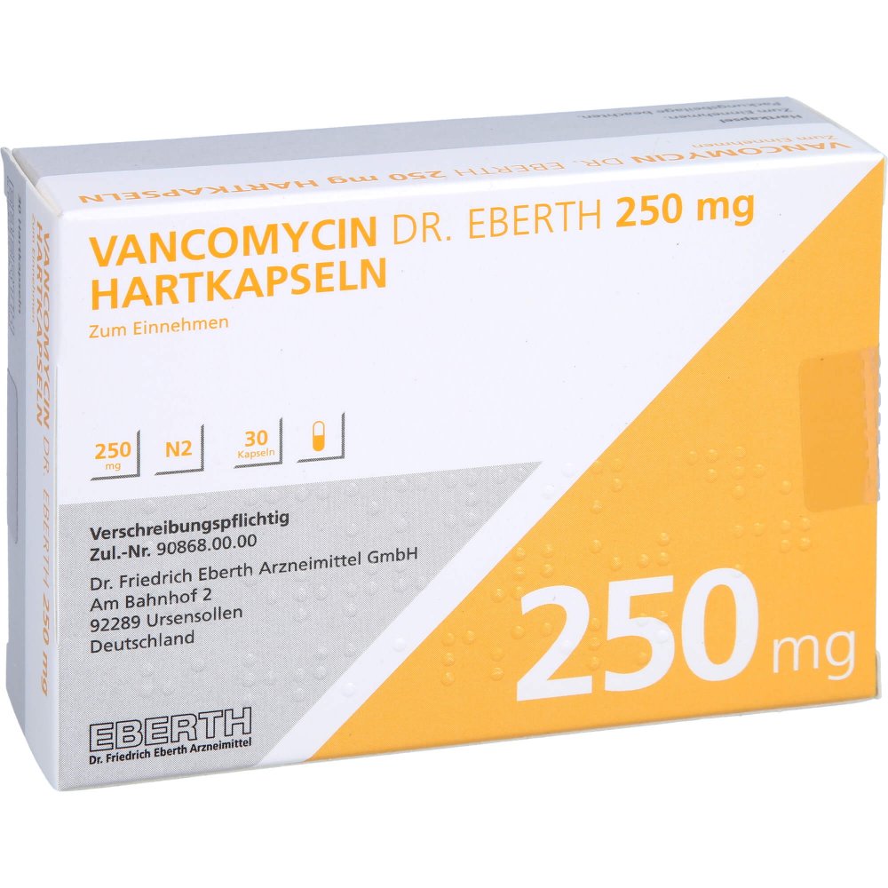 Das Produktfoto zeigt Vancomycin Dr.Eberth 250 Mg Hartkapseln (30 stk) PZN 11293790