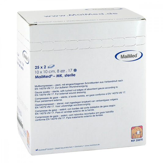 Das Produktfoto zeigt Mullkompressen 10x10 Cm Steril 8fach (25X2 stk) PZN 11296156
