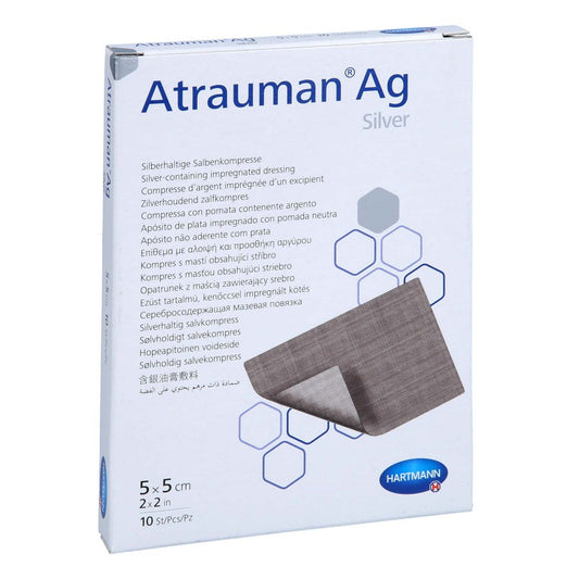Das Produktfoto zeigt Atrauman Ag 5x5 Cm Steril Kompressen (10 stk) PZN 11299344