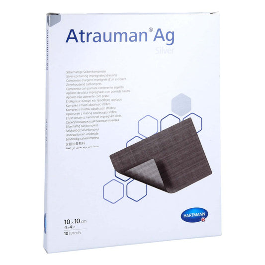 Das Produktfoto zeigt Atrauman Ag 10x10 Cm Steril Kompressen (10 stk) PZN 11299350