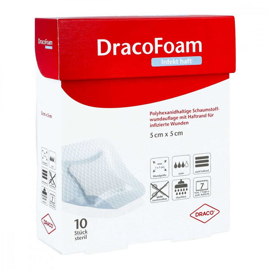 Das Produktfoto zeigt Dracofoam Infekt Haft Schaumst.Wundauf.5x5 Cm (10 stk) PZN 11300219