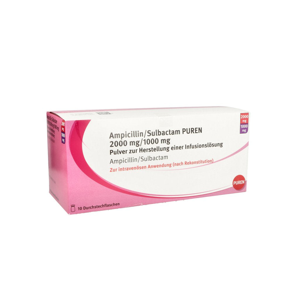 Das Produktfoto zeigt Ampicillin/Sulbactam Puren 2000mg/1000mg P.H.Inf. (10X100 ml) PZN 11304909
