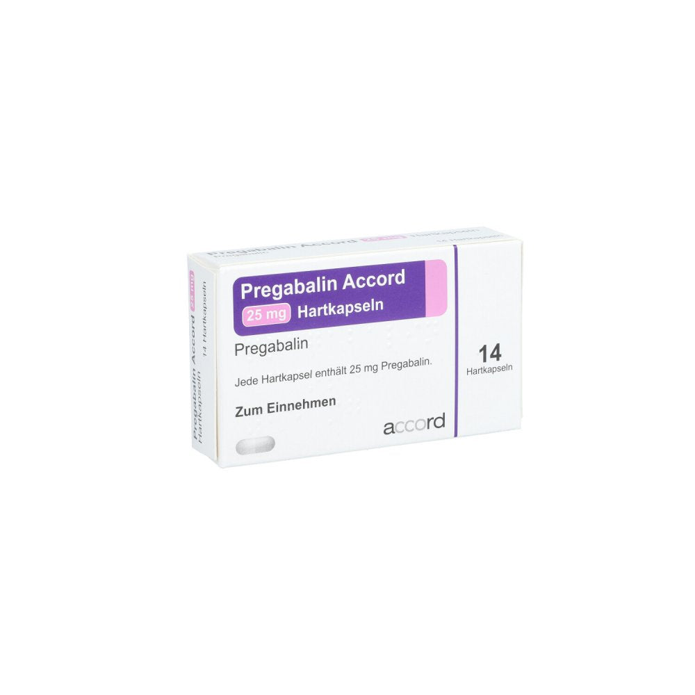 Das Produktfoto zeigt Pregabalin Accord 25 Mg Hartkapseln (14 stk) PZN 11305263